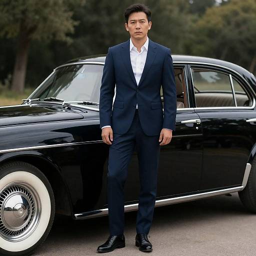 Elegant Man with Vintage Car in Nature
