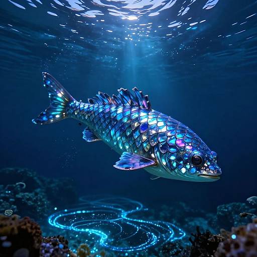 Photograph of a vibrant, bioluminescent fish with blue and purple iridescent scales, swimming in a deep blue underwater ocean, surrounded by