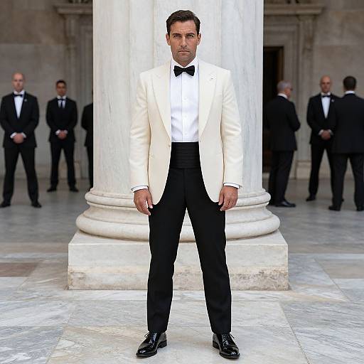 Photograph of a handsome man in a white tuxedo with black bow tie and pants, standing in front of a large white column, surrounded by
