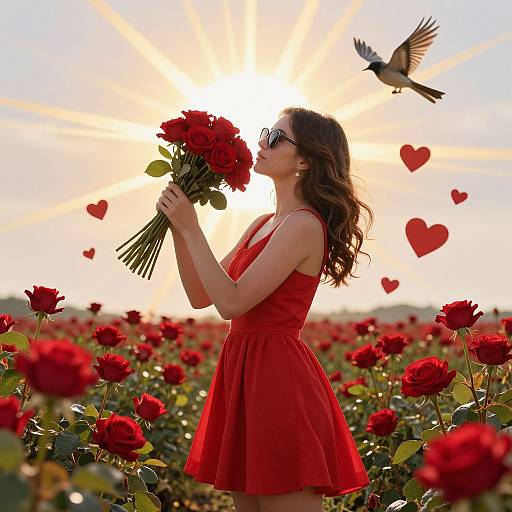 Woman in Red Dress Among Roses