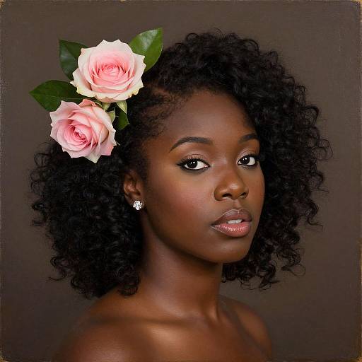 Photograph of a beautiful Black woman with dark skin, curly hair, wearing pink roses in her hair and diamond earrings, against a dark brown background.