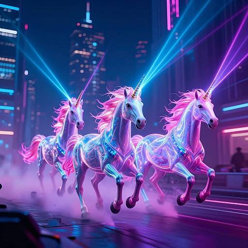 Neon-lit digital artwork of glowing, electric blue and pink unicorns galloping through a futuristic cityscape with beams of light.