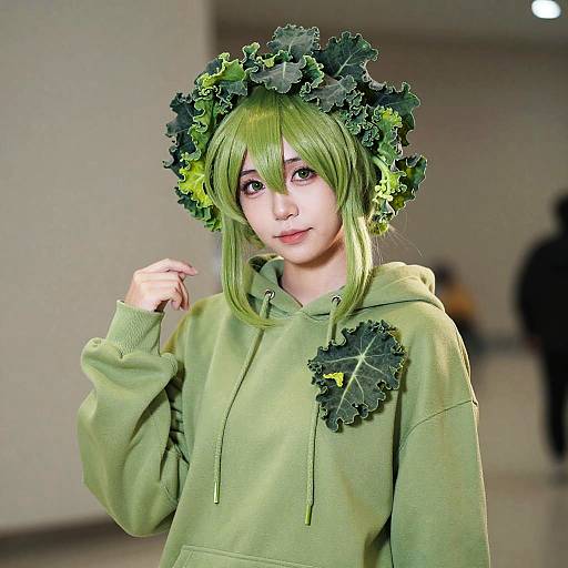 Photograph of a young woman with green hair, wearing a green leafy crown and matching hoodie, standing indoors with blurred background.