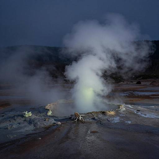 Photograph of a geothermal landscape at night, featuring steam rising from a volcanic vent surrounded by rocky terrain and dark, blue-hued mountains in the