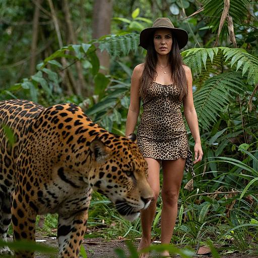 Photograph of a woman in a leopard-print dress and hat standing in a lush jungle, with a large jaguar approaching her.