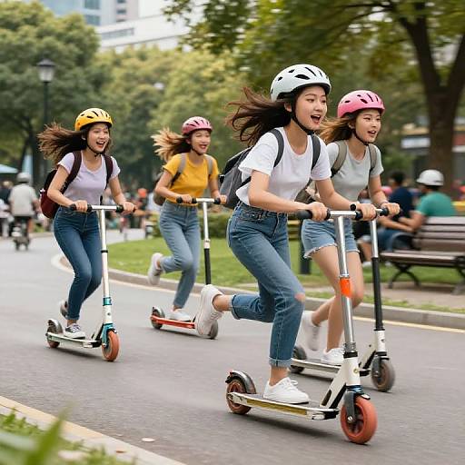 Photograph of four Asian teenage girls riding scooters in a park, wearing helmets and casual clothes, laughing and smiling, with trees and benches in the