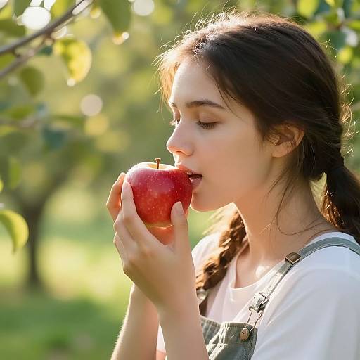Photograph of a young woman with dark hair in a braid, wearing white and green overalls, eating a red apple outdoors in a sunlit