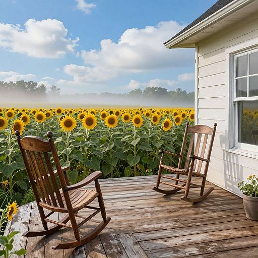 Photograph: Sunlit wooden porch with two rocking chairs facing vibrant sunflower field under a blue, cloud-dotted sky, beside a white house.
