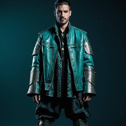 Male Model in Teal Medieval-Inspired Leather Jacket
