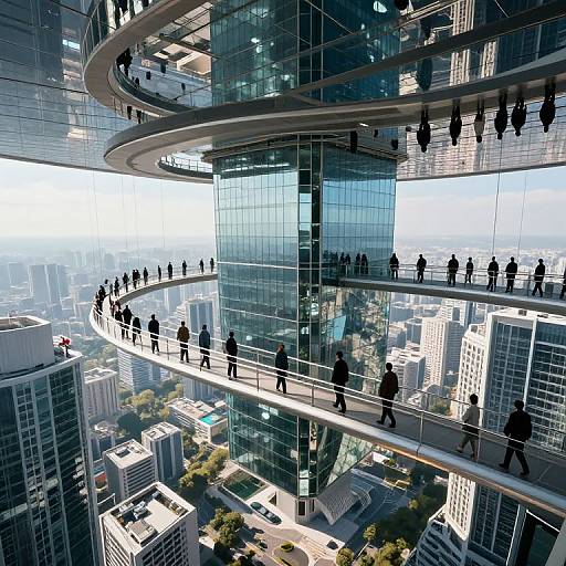 Photograph of a modern, glass skyscraper with multiple winding observation decks filled with silhouetted pedestrians, overlooking a sprawling cityscape below.