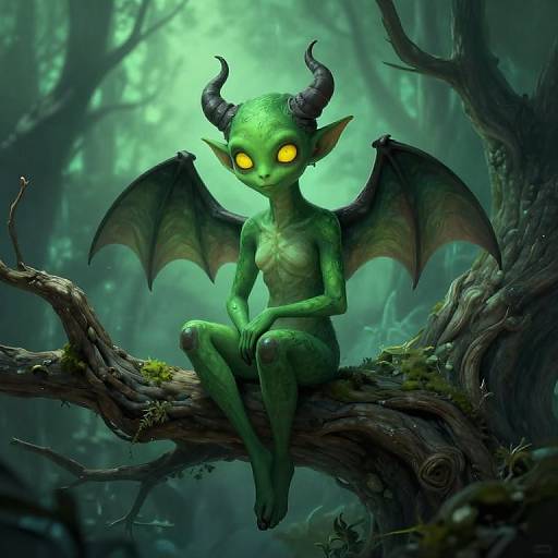 Digital fantasy artwork of a green, demonic, small-winged creature with glowing yellow eyes, sitting on a moss-covered tree branch in a foggy forest