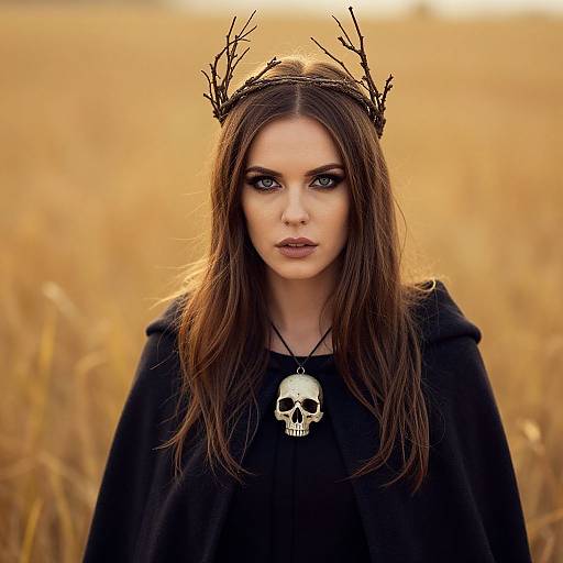 Photograph of a pale-skinned woman with long brown hair, wearing a black cloak, antler crown, and skull necklace, standing in a golden