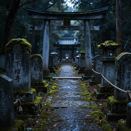Moss-covered stone path leading to a torii gate in a dark, misty Japanese shrine, illuminated by soft blue light.