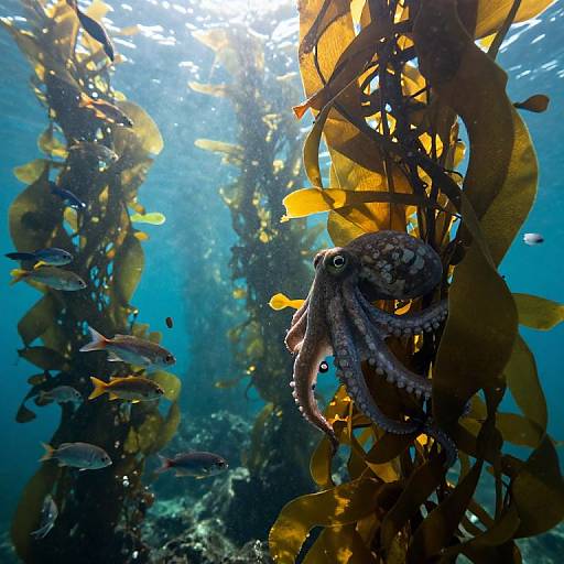 Underwater photograph of a speckled octopus amidst golden seaweed and colorful fish, illuminated by sunlight filtering through the water.