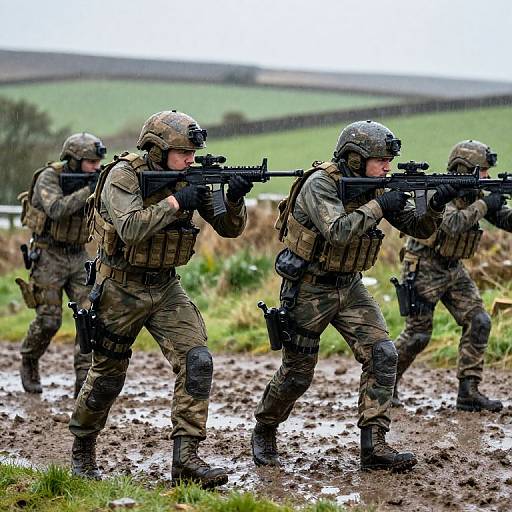 Photograph of three armed soldiers in camouflage uniforms and helmets, crouching and aiming rifles in a muddy, grassy, rural field.