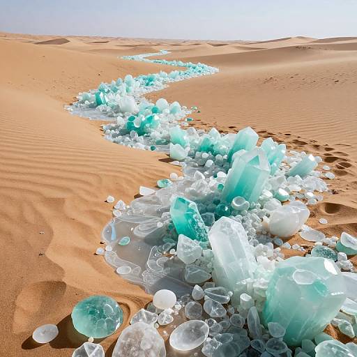 Photograph of a desert landscape with a winding trail of large, translucent blue ice crystals scattered across golden sand dunes under a clear sky.
