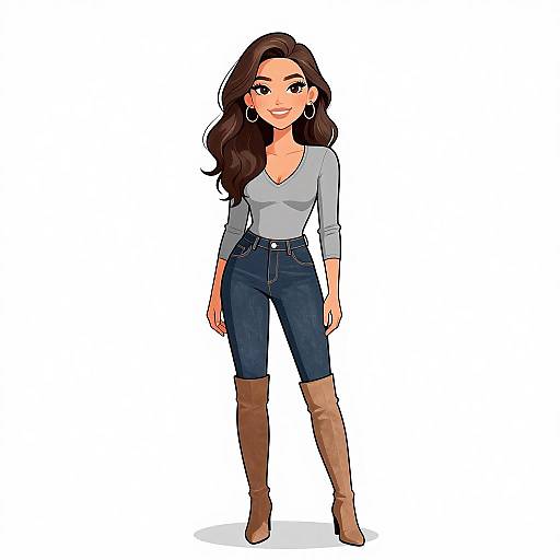 Digital cartoon of a smiling woman with long brown hair, gray long-sleeve top, dark blue jeans, and brown knee-high boots.