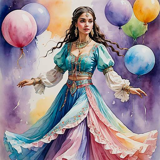 Young Woman in Traditional Belly Dancer Outfit with Balloons