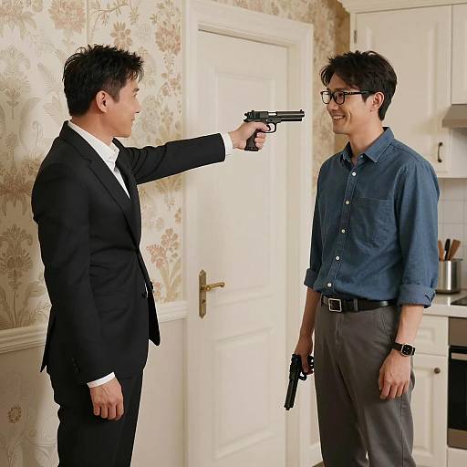 Two Men Holding Guns Indoors