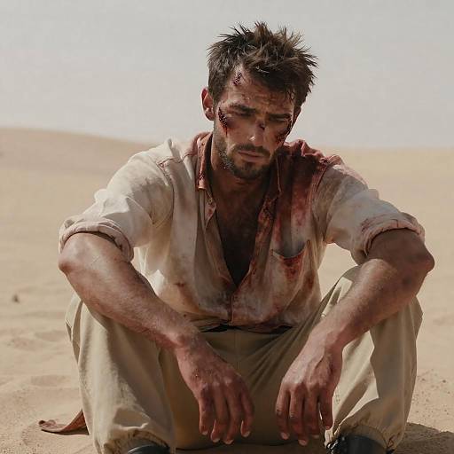 Injured Man Sitting in Desert