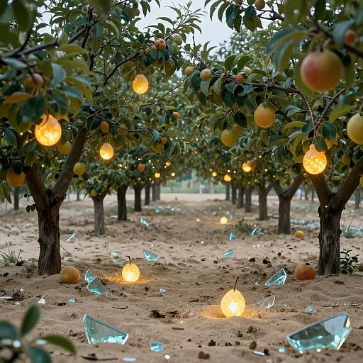 Photograph of a pear tree orchard at dusk, with glowing fairy lights and shattered glass ornaments scattered on sandy ground.