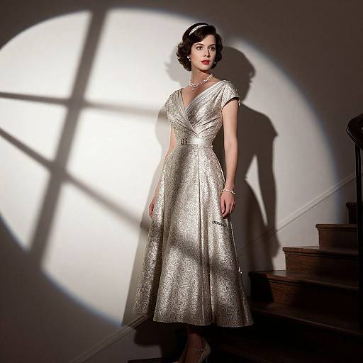 Photograph of a woman in a shimmering silver, short-sleeved, V-neck, knee-length dress, standing in a sunlit room,