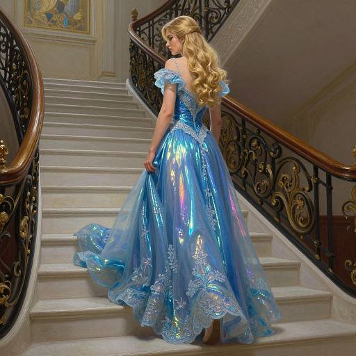 Blonde woman with long curls in a shimmering blue ball gown ascends ornate staircase in grand, elegant mansion. Photorealistic digital art.