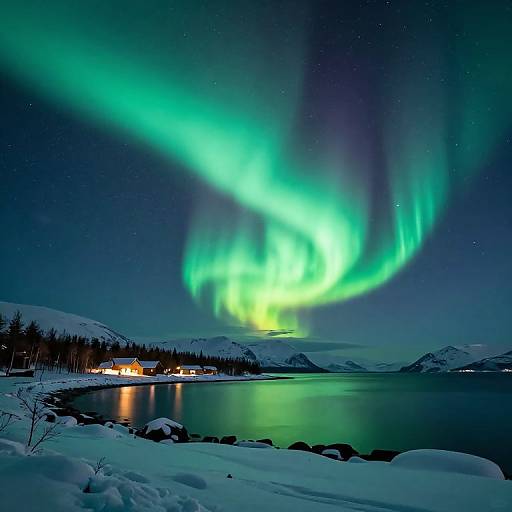 Photograph of vibrant green and blue northern lights reflected on a snow-covered lake, with a cozy lit cabin and pine trees in the background under a star