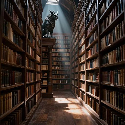 Photograph of a dimly lit library with towering wooden bookshelves, illuminated by sunlight streaming through a skylight, highlighting a statue of a