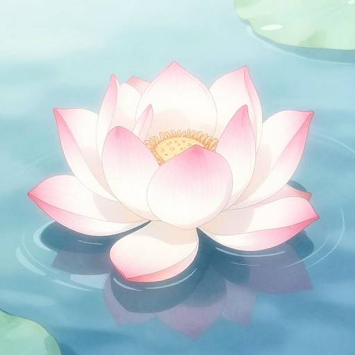 Digital illustration of a glowing pink and white lotus flower floating on calm, blue water with subtle ripples and lily pads.