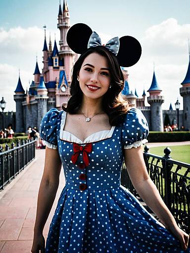 Photograph of an Asian woman with dark hair, wearing a blue polka-dot Minnie Mouse dress, bow headband, and red bow, smiling
