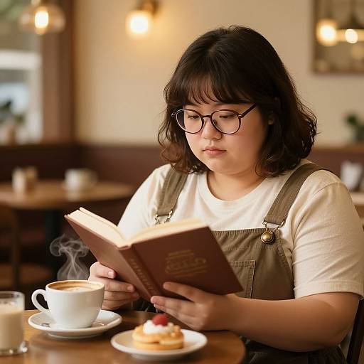 Photograph of a young Asian woman with wavy black hair, glasses, wearing a white shirt and brown apron, reading a book in a cozy
