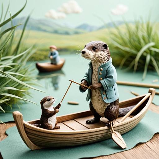 Whimsical Otters in Wooden Boat