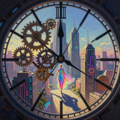 Futuristic Cityscape Through Clock Face