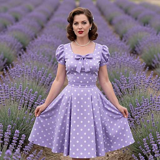 Photograph of a vintage-style woman with red lipstick, brown wavy hair, wearing a lavender polka dot dress, standing in a lavender field.