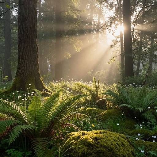Photograph of a sunlit forest with radiant sunlight streaming through tall trees, illuminating lush green ferns and moss-covered ground.