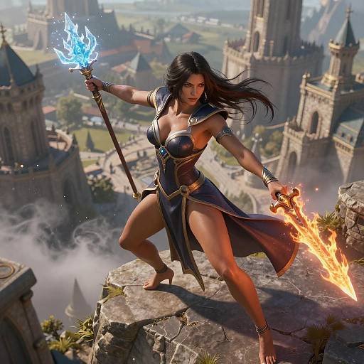 Fantasy Warrior Woman with Flaming Sword and Ice Staff