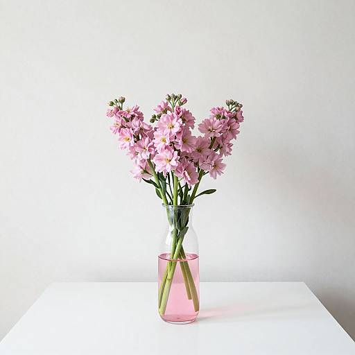 Photograph of a pink glass vase with pink flowers on a white table against a plain white background.