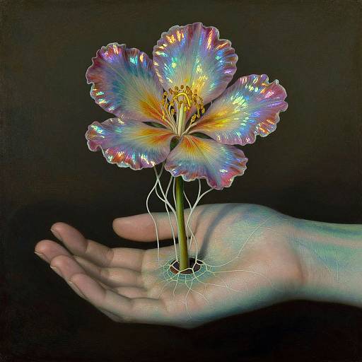 Digital artwork of a glowing, multicolored flower with iridescent petals and delicate roots growing from a pale, open hand against a dark background.