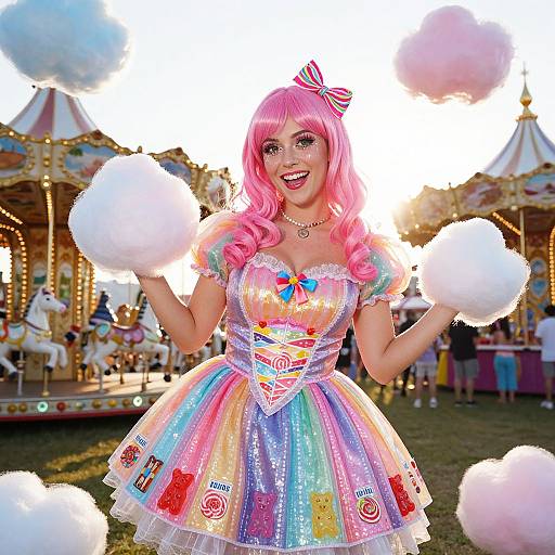 Photograph of a smiling woman with pink hair, wearing a colorful, sparkly, cartoon-themed dress and holding fluffy pom-poms, in front of