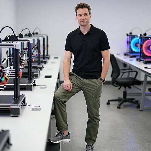 Photograph of a casually dressed, medium-build man with short brown hair, wearing a black polo and olive pants, standing in a modern, white-w