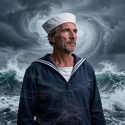 Photograph of a grizzled, middle-aged man in a white sailor hat and dark navy shirt, standing against a dramatic, swirling ocean storm backdrop