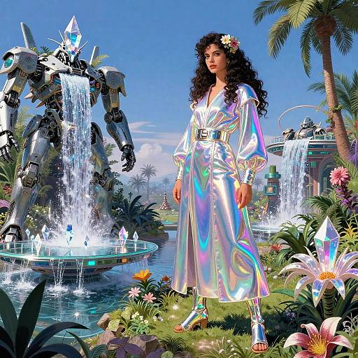 Digital artwork: Curly-haired woman in iridescent, silver dress stands beside robotic figure, waterfalls, and tropical flowers, with palm trees in