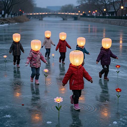 Photograph of six children in winter clothes walking on a frozen, reflective pond at dusk, wearing glowing paper lanterns on their heads, surrounded by small