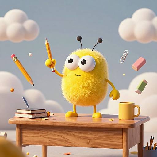 CGI cartoon of a fluffy yellow, antennae-wearing, happy bee-like character holding a pencil, standing on a wooden desk with books, a