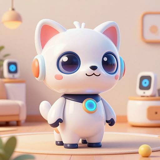 Cute CGI white robotic cat with large blue eyes, smiling, wearing headphones and a blue circular chest emblem, standing in a bright, modern living room