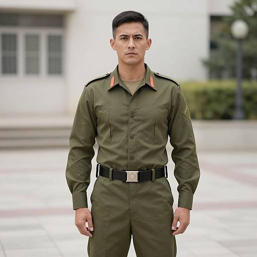 Photograph of a young, muscular man with short black hair, wearing a green military uniform with black belt and epaulets, standing confidently outdoors