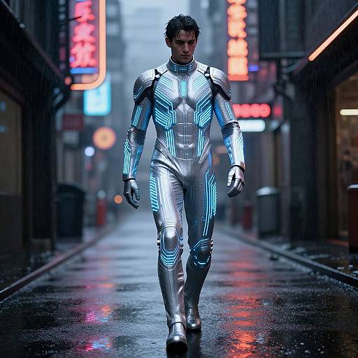 Cyberpunk Man in Glowing Silver Suit