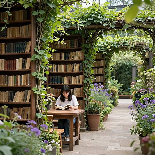 Photograph of an Asian woman with black hair, wearing a white shirt, reading a book at a wooden table in a lush, sunlit garden library