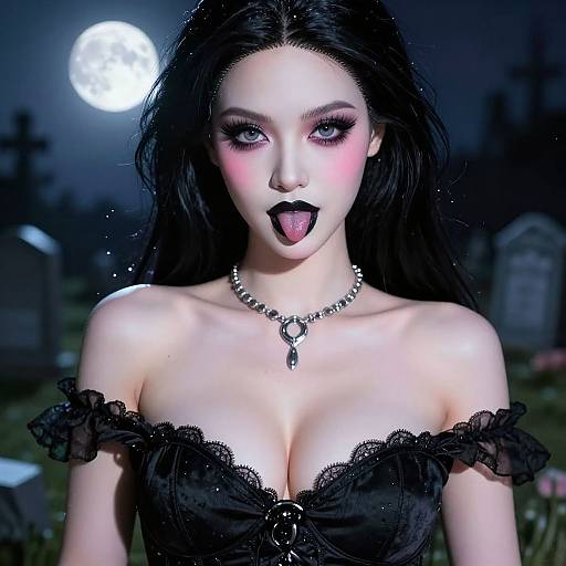 Digital artwork of a pale, gothic woman with black hair, heavy makeup, and black lace dress, tongue out, moonlit graveyard background, necklace